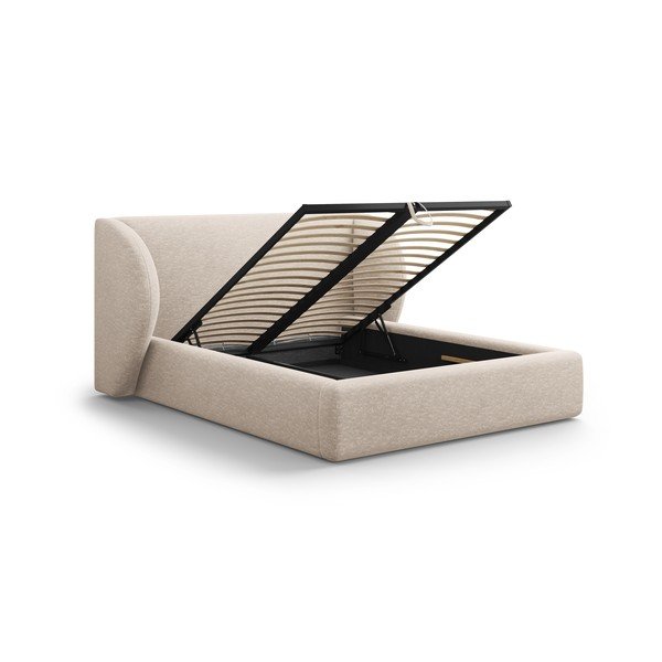 Béžová čalúnená dvojlôžková posteľ s úložným priestorom s roštom 160x200 cm Miley – Micadoni-image-3