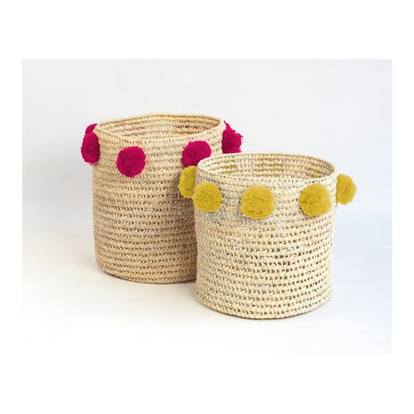 Sada 2 úložných košíkov z palmových vlákien s tmavoružovými a žltými dekoráciami Madre Selva Milo Basket