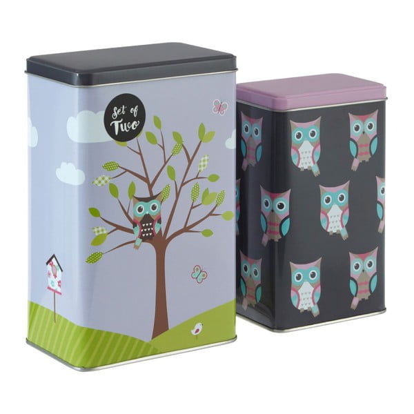 Sada 2 cínových úložných boxov Premier Housewares Barber Happy Owls