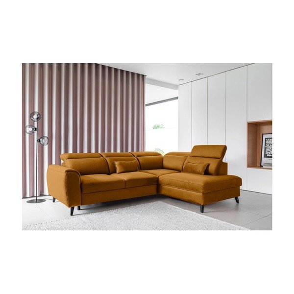 Žltá zamatová rozkladacia/s úložným priestorom rohová pohovka (pravý roh/do L) Noble – ELTAP-image-1