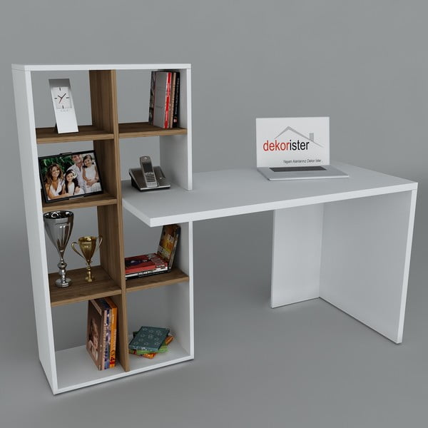 Pracovný stôl s knihovnou Win White/Walnut, 60x151x123,6 cm