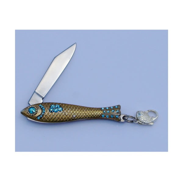 Český nožík rybička Azurová modrá s kryštálmi, zlatá