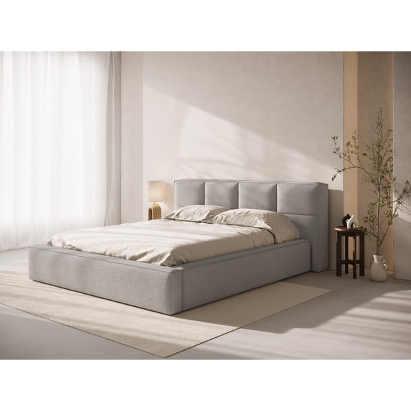 Svetlosivá čalúnená dvojlôžková posteľ s úložným priestorom s roštom 160x200 cm Simon – Micadoni-image-1