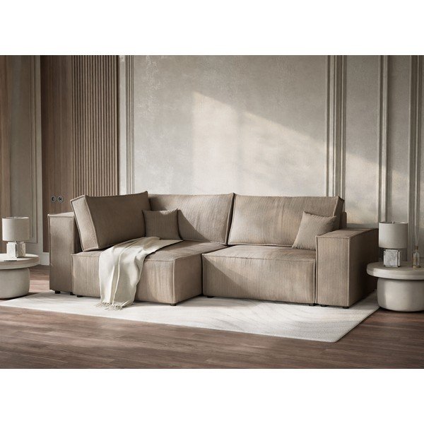 Béžová menčestrová rozkladacia/s úložným priestorom rohová pohovka (ľavý roh/do L) Tonga – Maison de Rêve-image-4