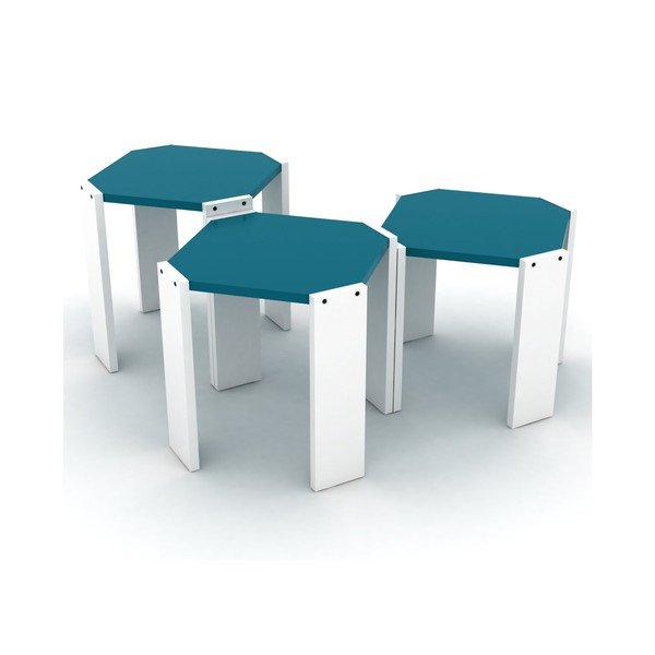 Sada 3 bielych rozkladacích odkladacích stolíkov s modrým detailom Rafevi Hansel