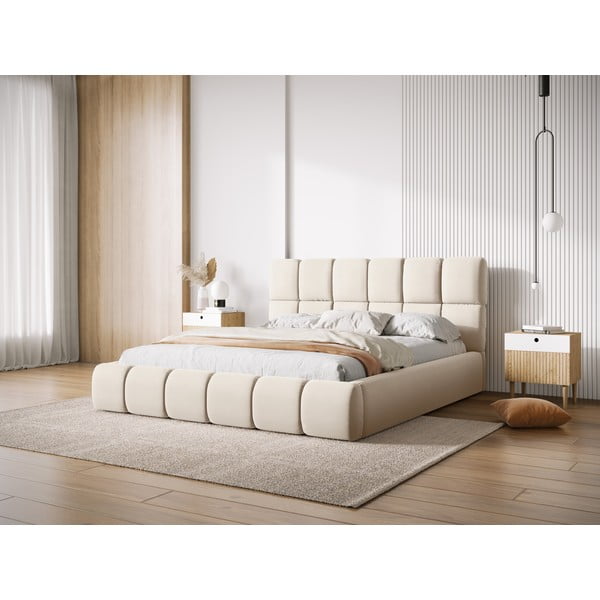 Krémová zamatová čalúnená dvojlôžková posteľ s úložným priestorom s roštom 140x200 cm Bellis – Micadoni-image-1