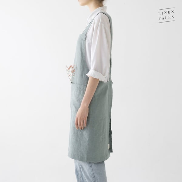 Zelená ľanová zástera Linen Tales Crossback, dĺžka 80 cm-image-2