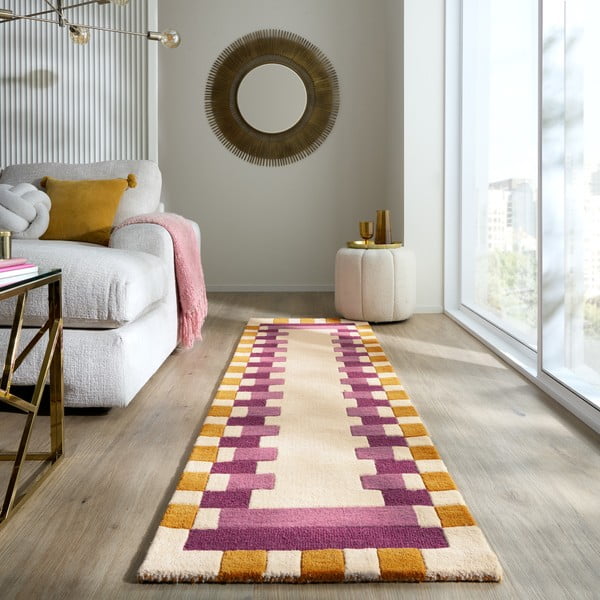 Žlto-ružový ručne tkaný vlnený behúň 60x230 cm Kai Wool Border – Flair Rugs-image-1