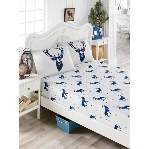 Set obliečky a 2 obliečok na vankúše s prímesou bavlny na dvojlôžko EnLora Home Geyik Dark Blue, 160 × 200 cm