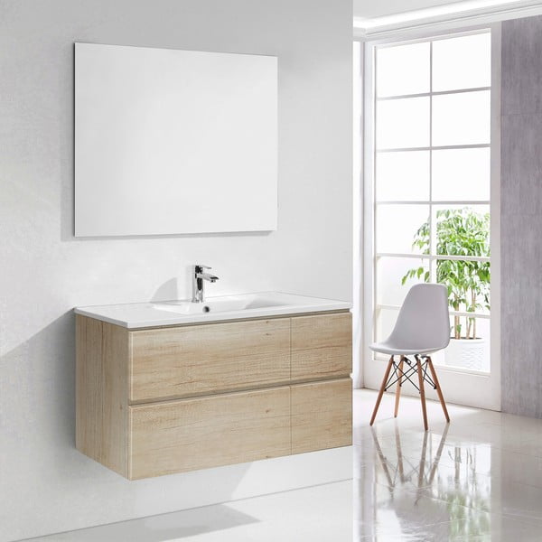 Kúpeľňová skrinka s umývadlom a zrkadlom Capri, dekor dreva, 100 cm