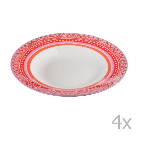 Sada 4 porcelánových tanierov na polievku Oilily 24,5 cm, červená