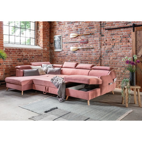 Svetloružová zamatová rozkladacia rohová pohovka do "U" (ľavý roh) Sweet Harmony – Miuform-image-3