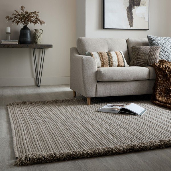 Sivý ručne tkaný koberec s prímesou vlny 200x290 cm Rene Fringed Ribbed – Flair Rugs-image-1
