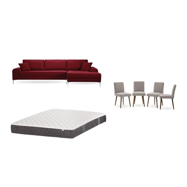 Set červenej pohovky s leňoškou vpravo, 4 sivobéžových stoličiek a matraca 160 × 200 cm Home Essentials