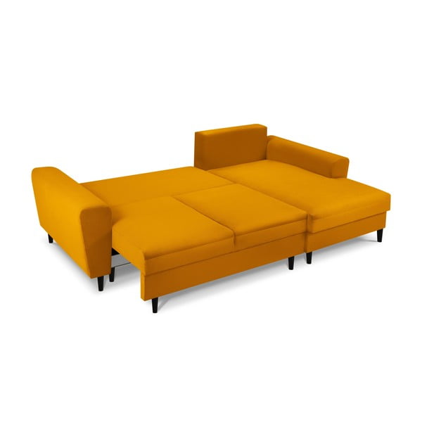 Menčestrová rozkladacia/s úložným priestorom rohová pohovka v horčicovej farbe (pravý roh/s leňoškou) Kyoto – Cosmopolitan Design-image-2