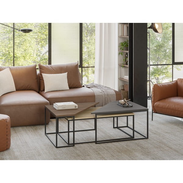 Konferenčné stolíky v súprave 3 ks s doskou v dekore orechového dreva v prírodnej farbe 70x110 cm Titan – Marckeric-image-1