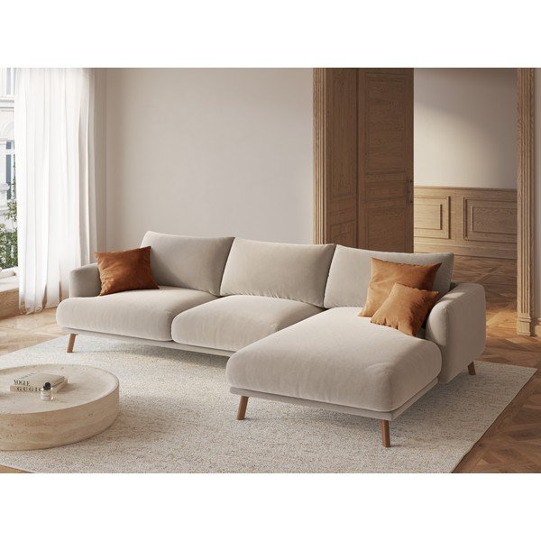 Béžová zamatová rohová pohovka (pravý roh/s leňoškou) Naomi – Micadoni -image-1