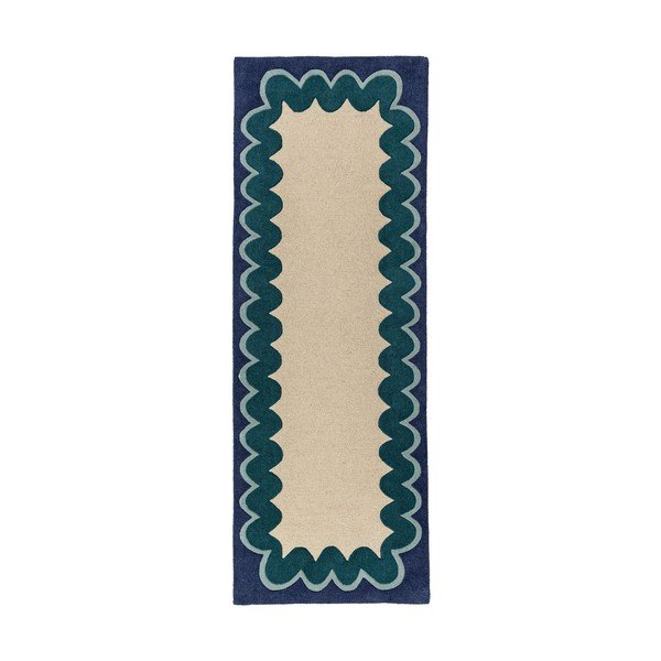 Ručne tkaný vlnený behúň v prírodnej farbe/zelenomodrý 80x230 cm Wiggle Wool – Flair Rugs