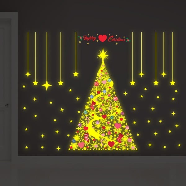 V tme svietiaca samolepka Walplus Glow In The Dark Magic Snowflakes Christmas Tree Deco Set