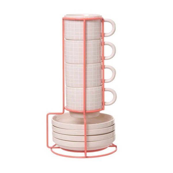 Sada 4 hrnčekov so stojanom Espresso Grid Pink