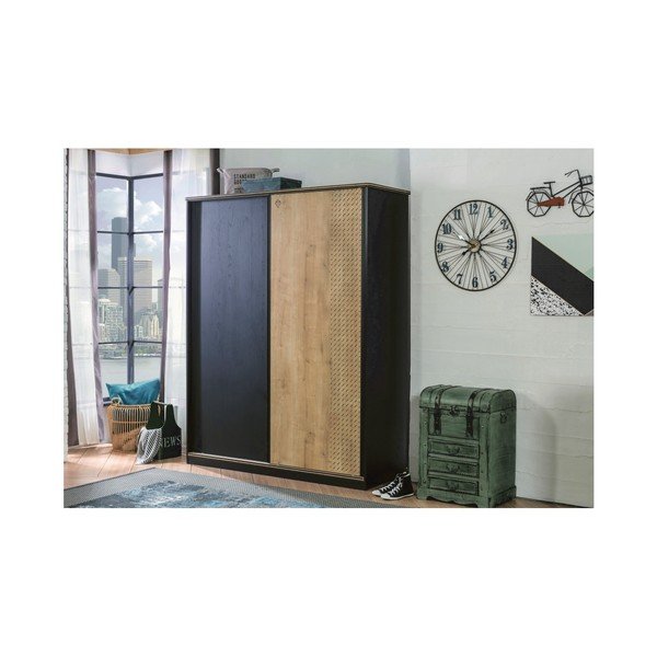 Čierna šatníková skriňa s dverami v prírodnej farbe Black Sliding Wardrobe-image-4