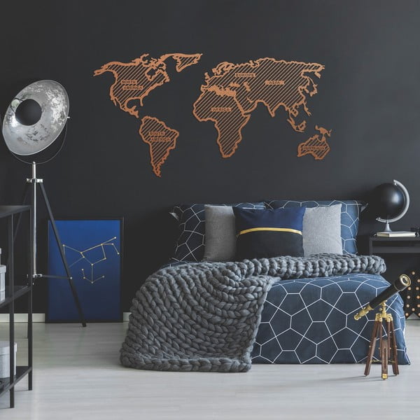 Kovová nástenná dekorácia v medenej farbe World Map In The Stripes, 120 × 65 cm
