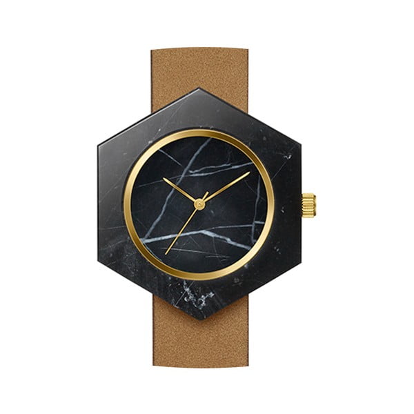 Čierne hranaté mramorové hodinky s hnedým remienkom Analog Watch Co.