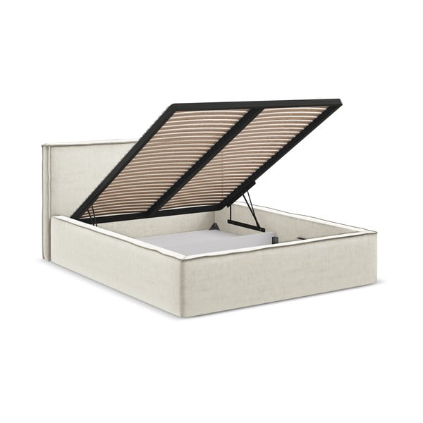 Krémovobiela čalúnená dvojlôžková posteľ s úložným priestorom s roštom 180x200 cm Anani – Makamii-image-2