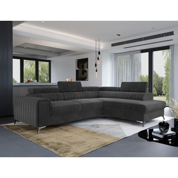 Tmavosivá zamatová rozkladacia/s úložným priestorom rohová pohovka (pravý roh/do L) Laurence – ELTAP-image-1