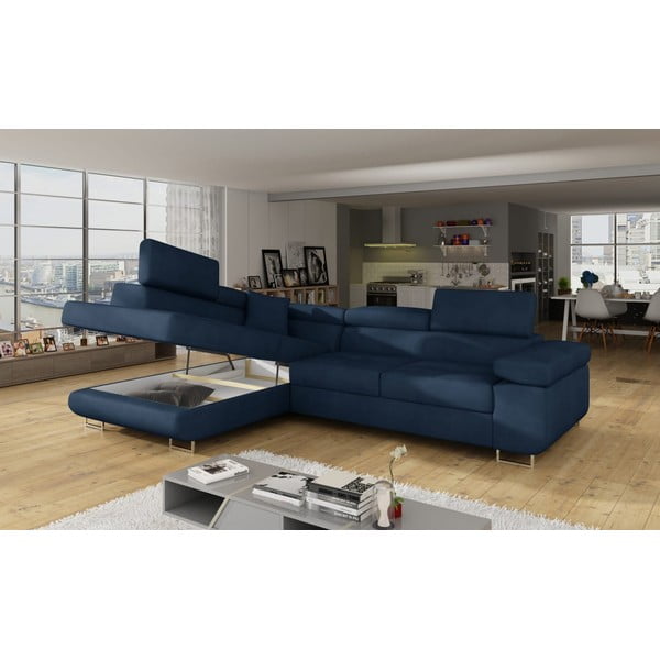 Modrá zamatová rozkladacia/s úložným priestorom rohová pohovka (ľavý roh/do L) Anton – ELTAP-image-4