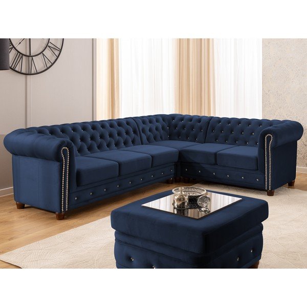 Modrá zamatová rozkladacia rohová pohovka (pravý roh/do L) York Blik – Ropez-image-1