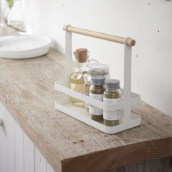 Biely stojan s detailom z bukového dreva na dochucovadlá YAMAZAKI Tosca-image-1