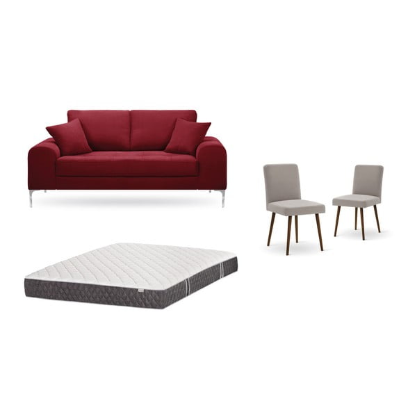 Set dvojmiestnej červenej pohovky, 2 sivobéžových stoličiek a matraca 140 × 200 cm Home Essentials