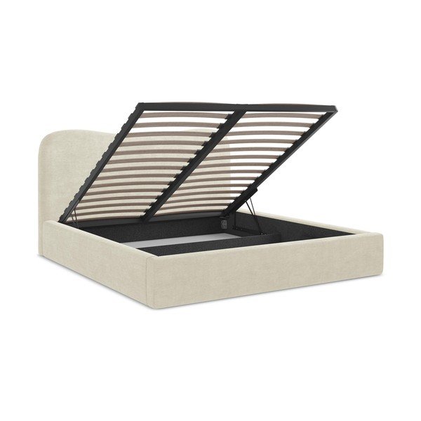 Béžová čalúnená dvojlôžková posteľ s úložným priestorom s roštom 160x200 cm Kahai – Makamii-image-3