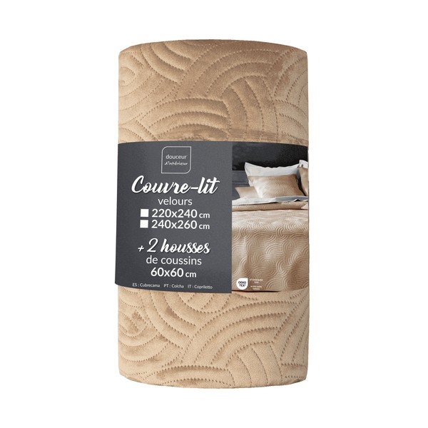 Svetlohnedá zamatová súprava plédu a obliečky na vankúš 240x260 cm Solange – douceur d'intérieur