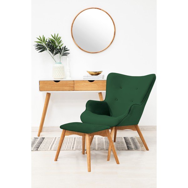 Smaragdovozelené kreslo a podnožka s podnožou v prírodnej farbe Vivonita Cora Velvet-image-1
