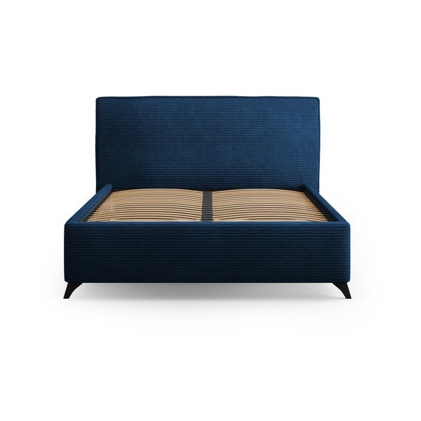 Tmavomodrá čalúnená dvojlôžková posteľ s úložným priestorom a roštom 160x200 cm Malou – Milo Casa-image-2