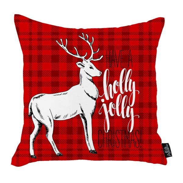 Červená vianočná obliečka na vankúš Mike & Co. NEW YORK Honey Christmas Deer Holly Jolly, 45 x 45 cm