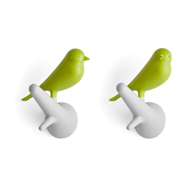 Sada 2 bielo-zelených nástenných vešiakov Qualy&CO Sparrow