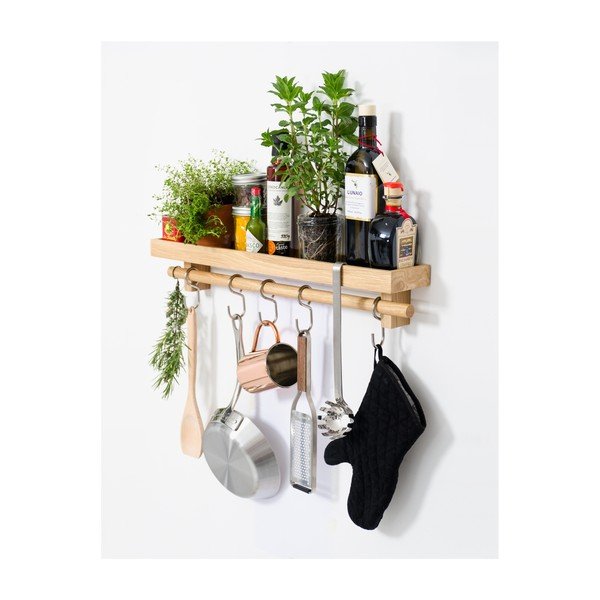 Polička s vešiakom na kuchynské nástroje z dubového dreva Wireworks-image-2