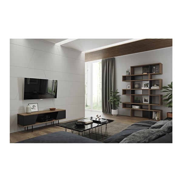 Čierna knižnica s detailmi v dekore orechového dreva TemaHome London-image-2