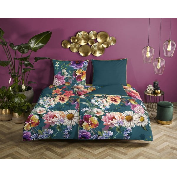 Petrolejovomodré obliečky na jednolôžko z organickej bavlny Descanso Sunflower, 140 x 200 cm-image-1