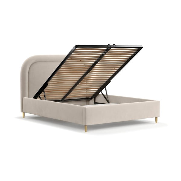 Béžová čalúnená dvojlôžková posteľ s úložným priestorom s roštom 140x200 cm Mija – Maison de Rêve-image-3