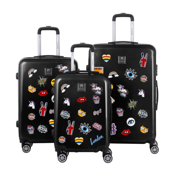 Sada 3 čiernych cestovných kufrov so sadou nálepiek Berenice Stickers