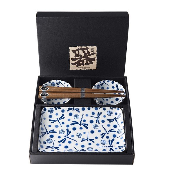 6-dielny set modro-bieleho keramického riadu na sushi MIJ Blue Dragonfly-image-3