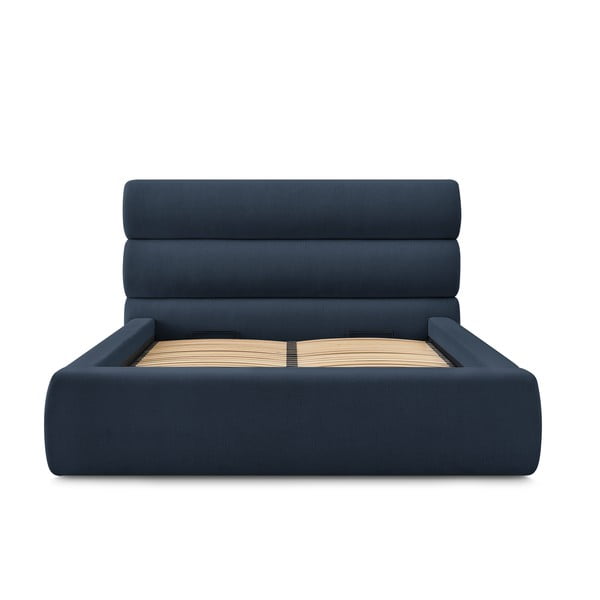 Tmavomodrá čalúnená dvojlôžková posteľ s úložným priestorom s roštom 160x200 cm Jagna – Bobochic Paris-image-3