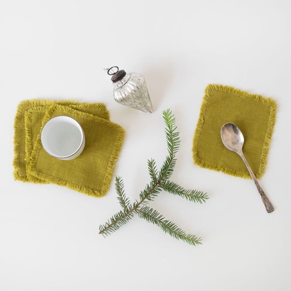 Súprava 4 zelených ľanových podnosov Linen Tales Classic, 10 x 10 cm-image-1