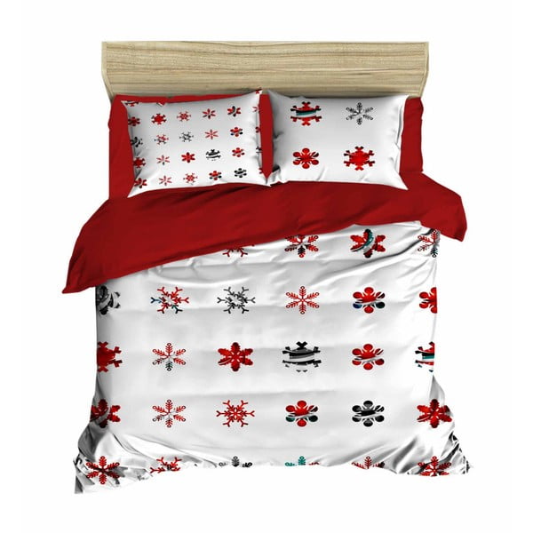 Sada obliečky a plachty na dvojposteľ Christmas Snowlakes Red, 200 × 220 cm