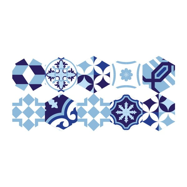 Sada 10 samolepiek na podlahu Ambiance Floor Stickers Hexagons Emiliana Azul, 40 × 90 cm