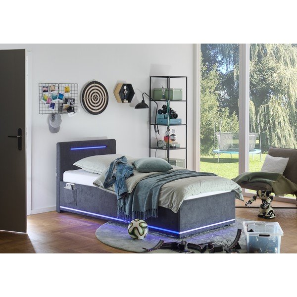 Tmavosivá čalúnená detská posteľ s úložným priestorom s roštom 90x200 cm Circle – Meise Möbel-image-1